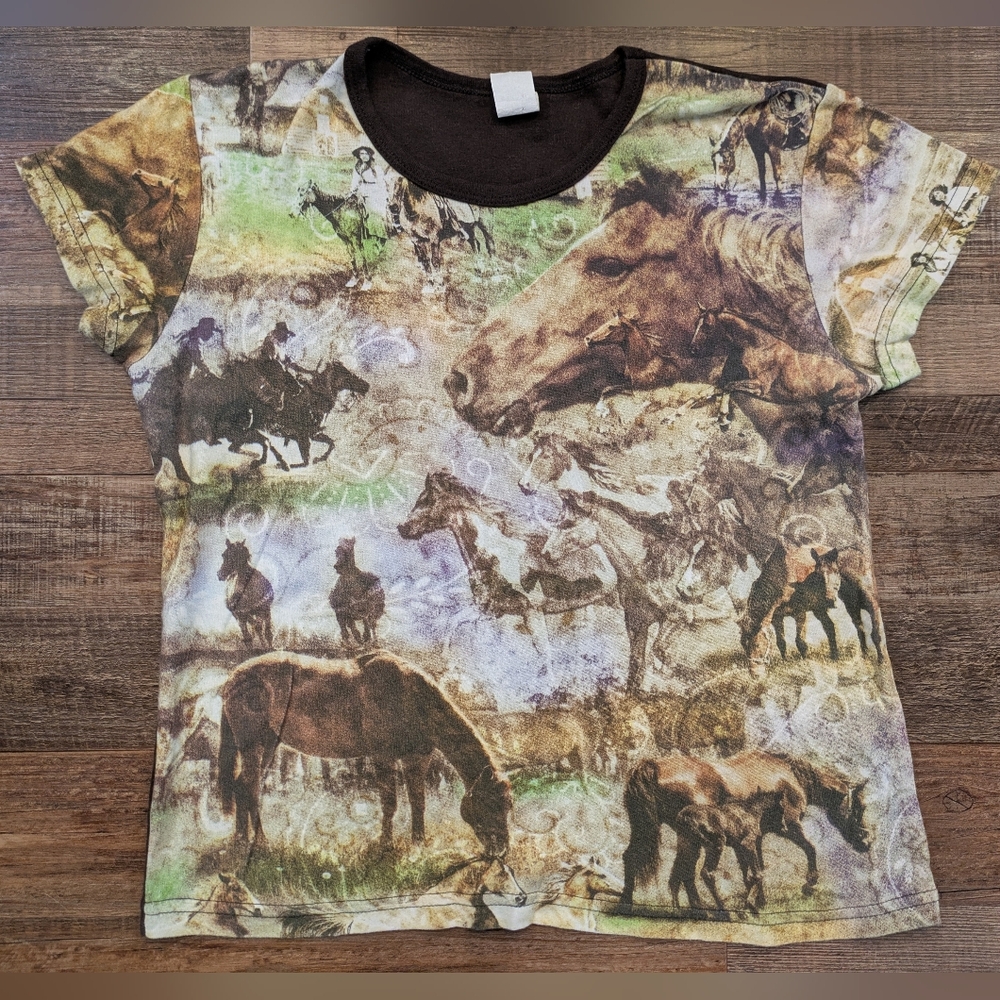 Vintage Brown Multi Horse Print Short Sleeve Tee